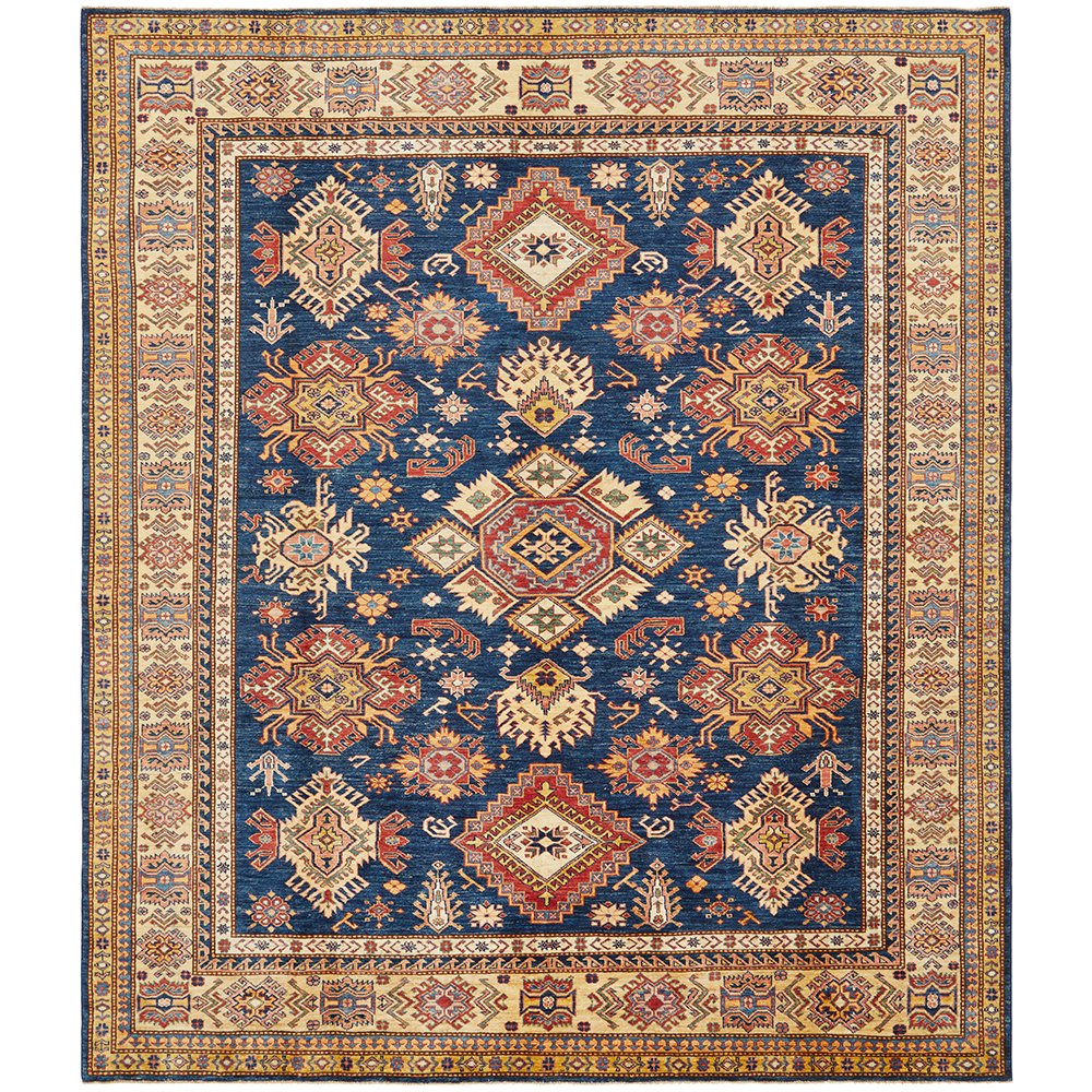 Persian Blue Red Beige Multi Colour Supper Kazak Medallion Floral Hand Knotted Pure Wool Afghan Rug - Rugs Of Beauty - 1