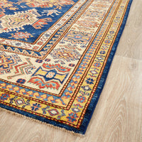 Persian Blue Red Beige Multi Colour Supper Kazak Medallion Floral Hand Knotted Pure Wool Afghan Rug - Rugs Of Beauty - 3