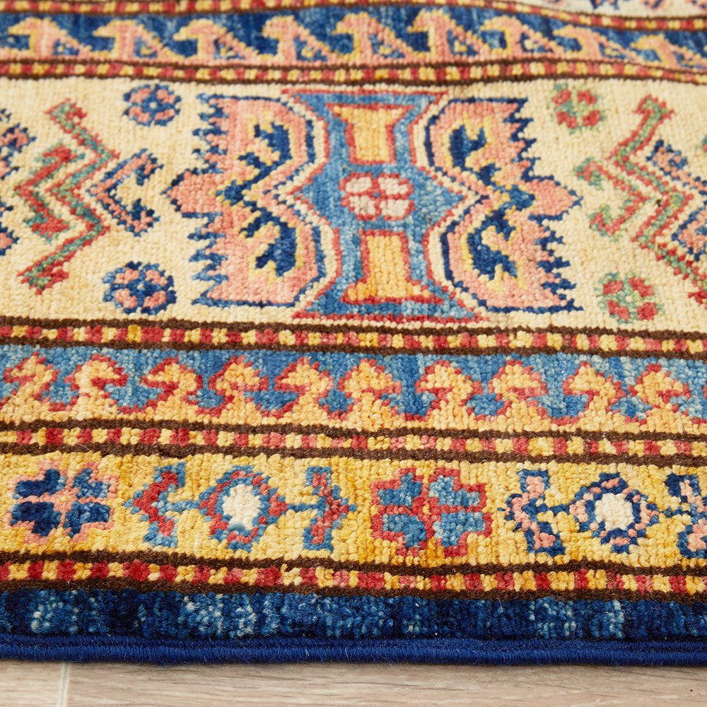 Persian Blue Red Beige Multi Colour Supper Kazak Medallion Floral Hand Knotted Pure Wool Afghan Rug - Rugs Of Beauty - 4
