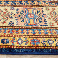 Persian Blue Red Beige Multi Colour Supper Kazak Medallion Floral Hand Knotted Pure Wool Afghan Rug - Rugs Of Beauty - 4