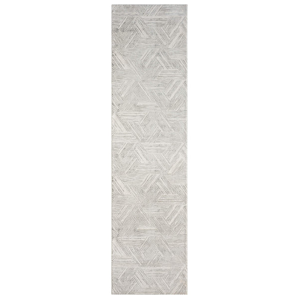 Light grey runner rug with geometric textured pattern in subtle neutral tones.