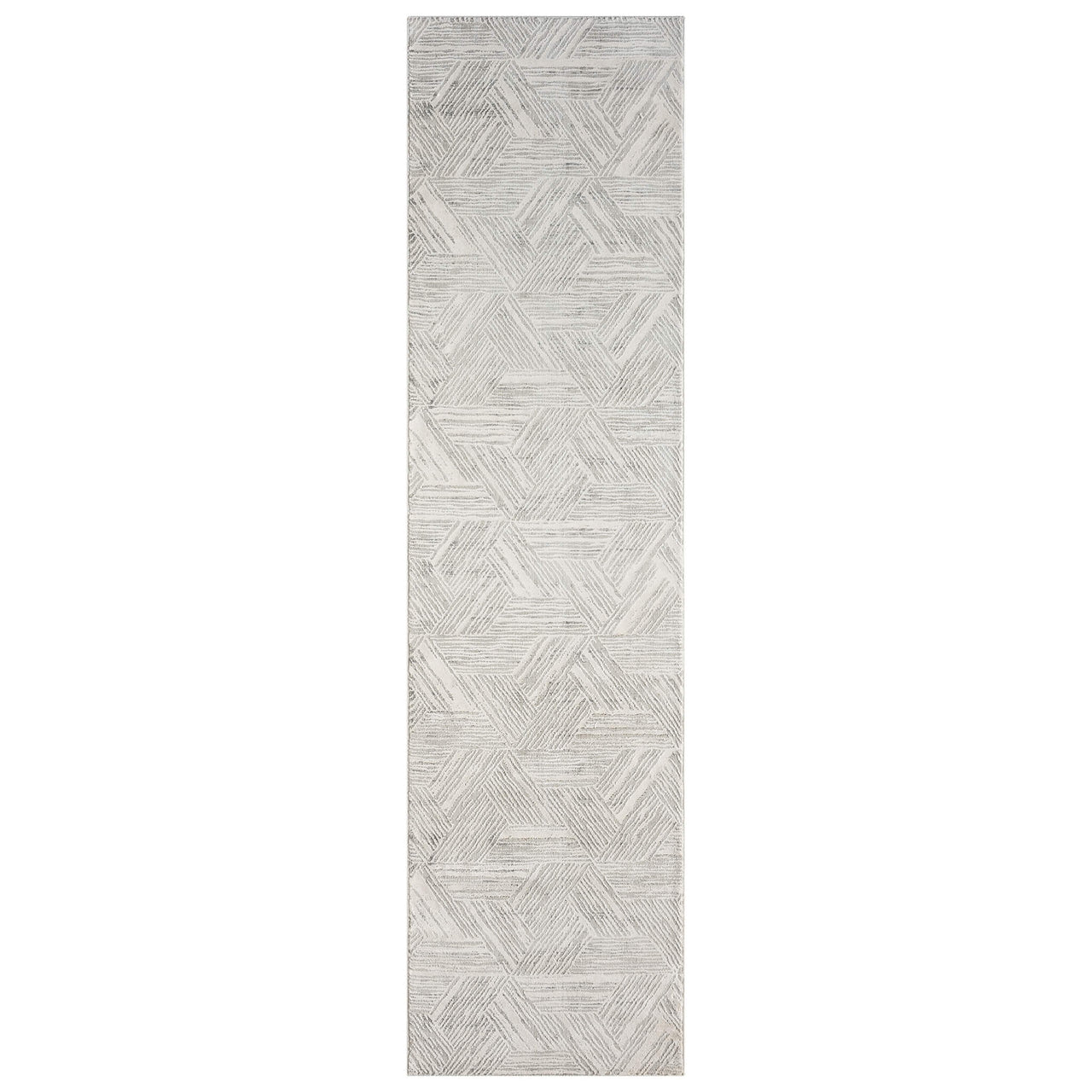 Light grey runner rug with geometric textured pattern in subtle neutral tones.