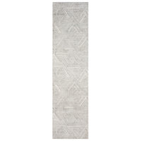 Light grey runner rug with geometric textured pattern in subtle neutral tones.
