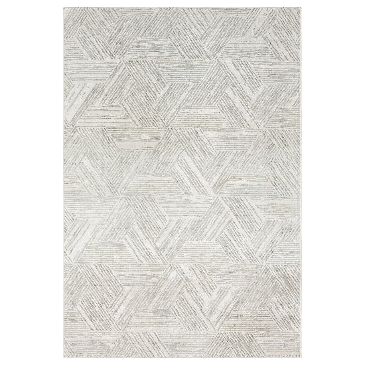 Light grey rug with overlapping geometric hexagon patterns and textured pile detail.