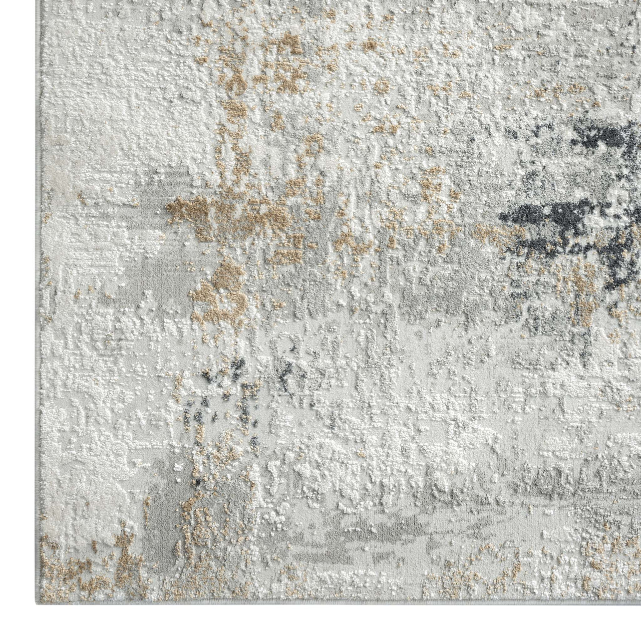 Grey abstract modern rug with textured pile and subtle beige and black accents.