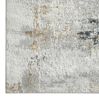 Grey abstract modern rug with textured pile and subtle beige and black accents.
