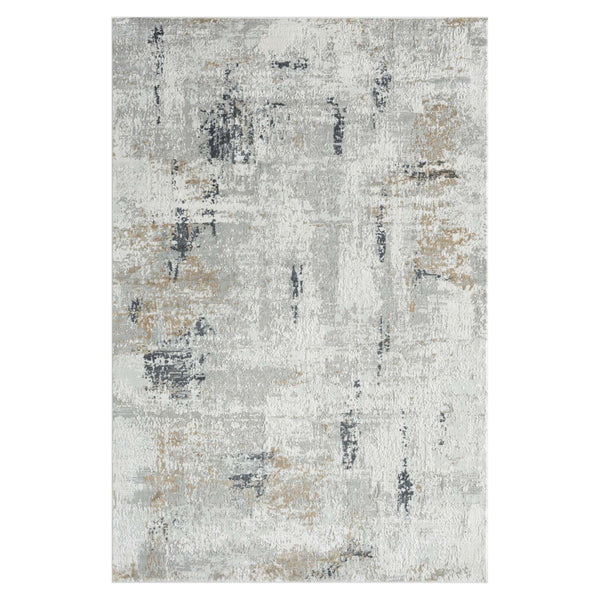 Grey multi-colored abstract rug with textured pile and subtle pastel accents.