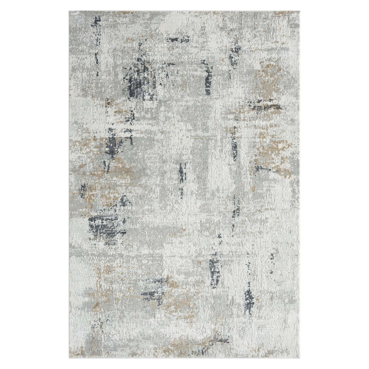 Grey multi-colored abstract rug with textured pile and subtle pastel accents.