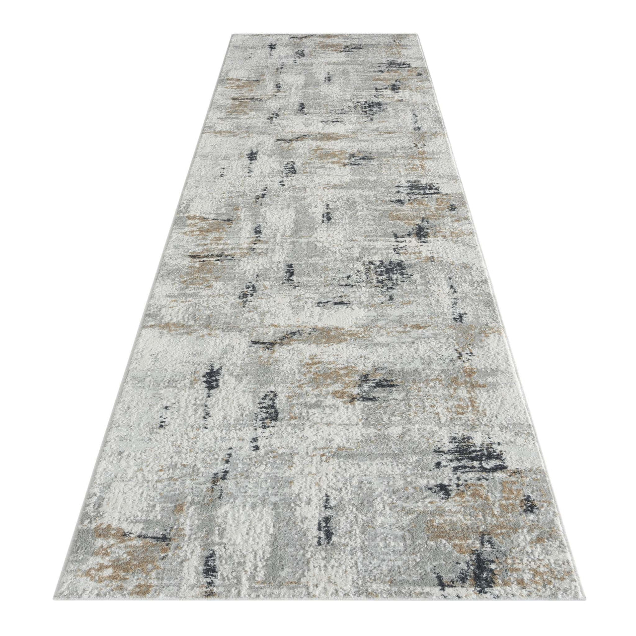 Grey multi-textured abstract runner rug with subtle pastel and neutral tones.