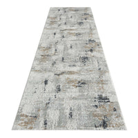 Grey multi-textured abstract runner rug with subtle pastel and neutral tones.