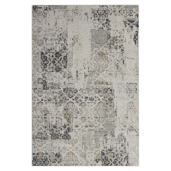 Grey multi-color modern abstract rug with textured patterns and neutral tones.