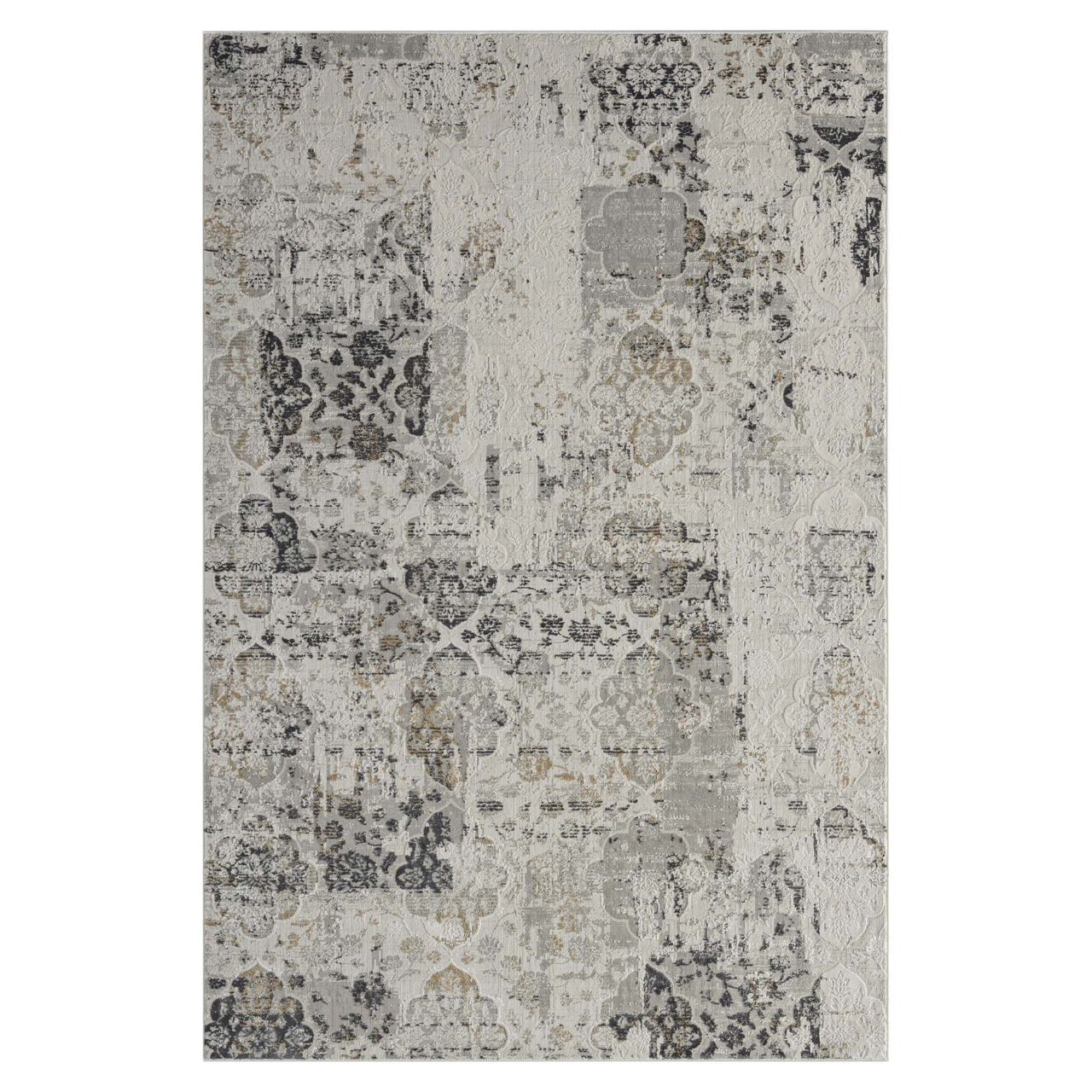Grey multi-color modern abstract rug with textured patterns and neutral tones.
