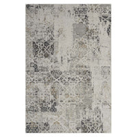 Grey multi-color modern abstract rug with textured patterns and neutral tones.