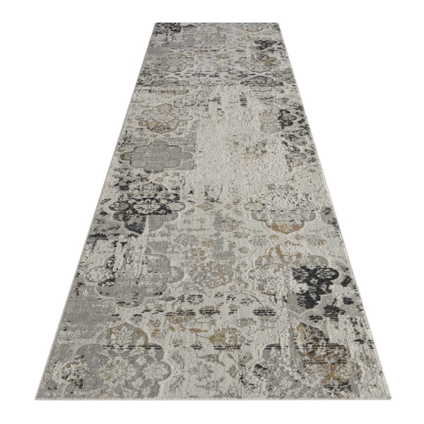 Grey multi-colour textured abstract runner rug with modern neutral pattern and subtle pastel tones.