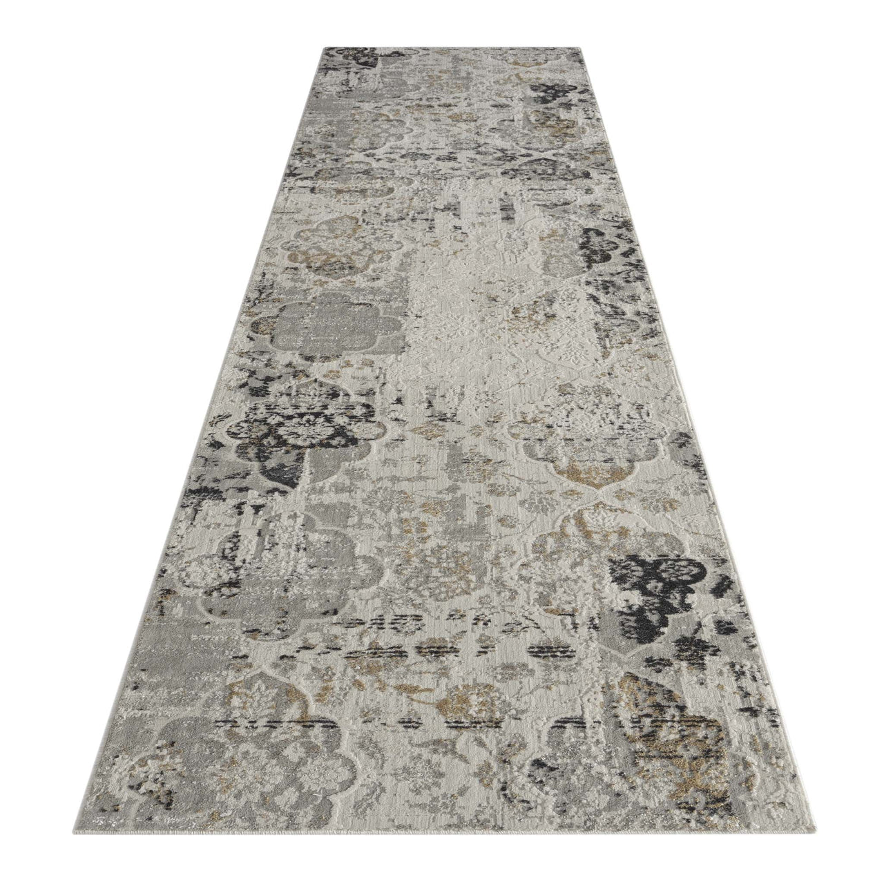 Grey multi-colour textured abstract runner rug with modern neutral pattern and subtle pastel tones.