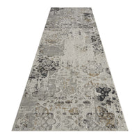 Grey multi-colour textured abstract runner rug with modern neutral pattern and subtle pastel tones.