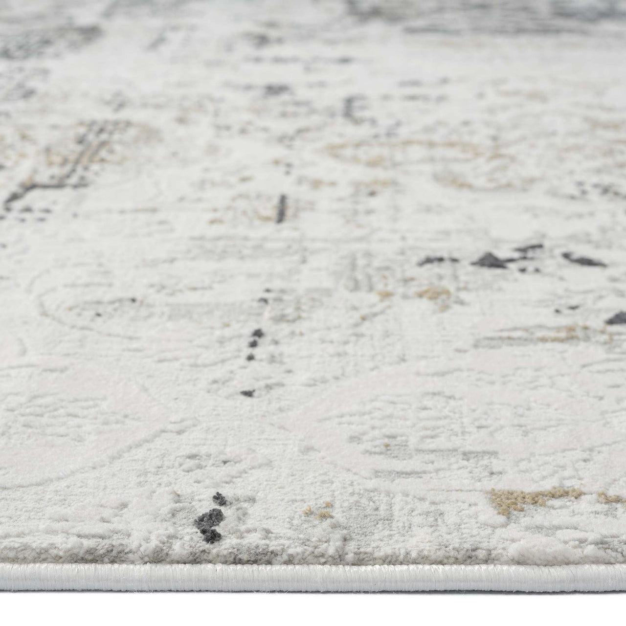 Grey multi-color textured modern abstract rug with subtle pastel and neutral tones.