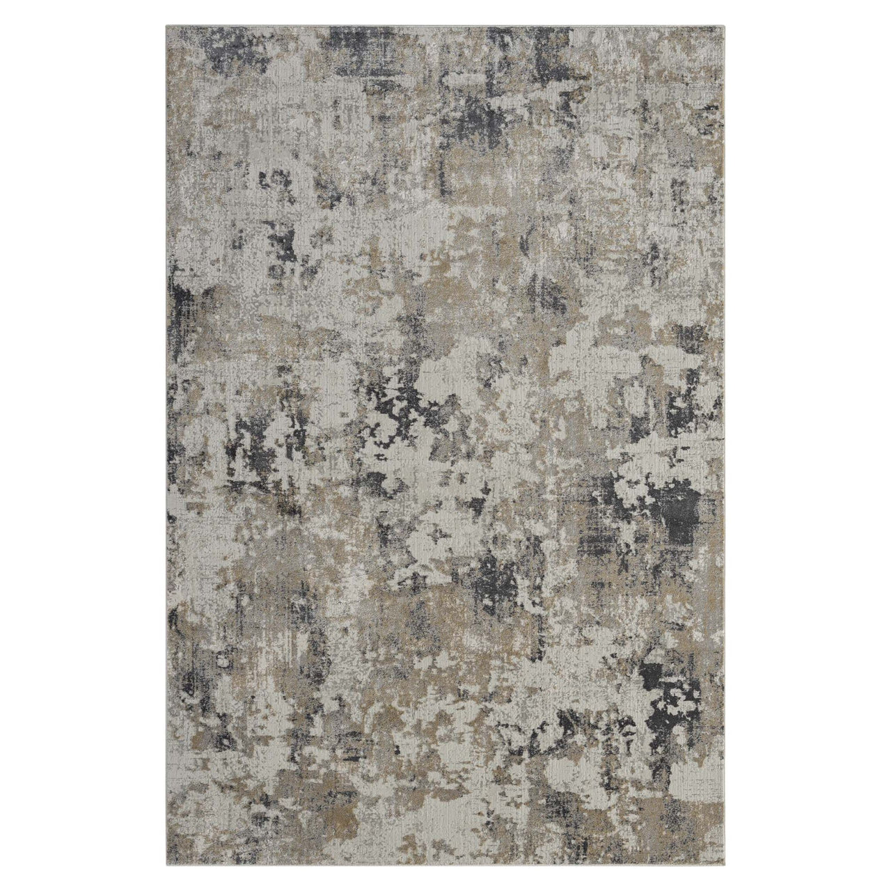 Grey and beige abstract textured rug with multi-tone modern pattern and subtle neutral shades.