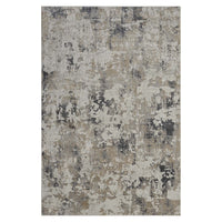 Grey and beige abstract textured rug with multi-tone modern pattern and subtle neutral shades.