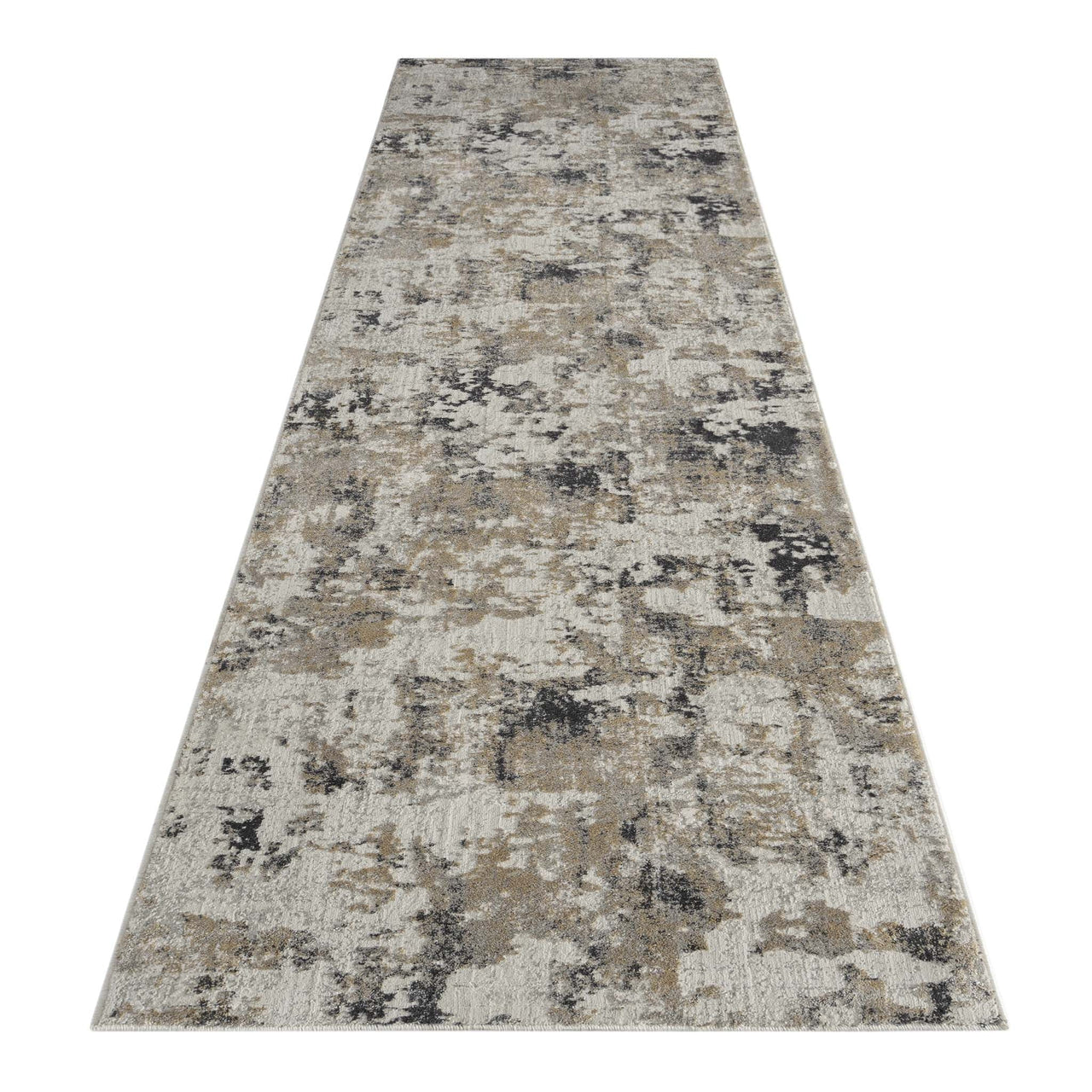 Grey and beige abstract runner rug with textured, multi-tone modern pattern.