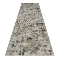 Grey and beige abstract runner rug with textured, multi-tone modern pattern.