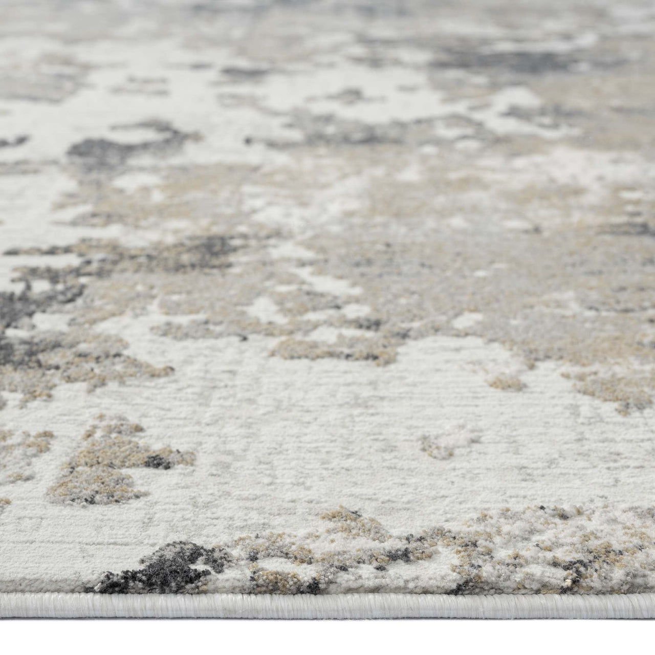 Grey and beige abstract textured runner rug with subtle pastel accents and a soft pile finish.