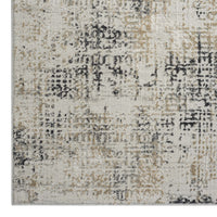 Grey multi-color modern rug with textured abstract pattern in neutral and pastel tones.