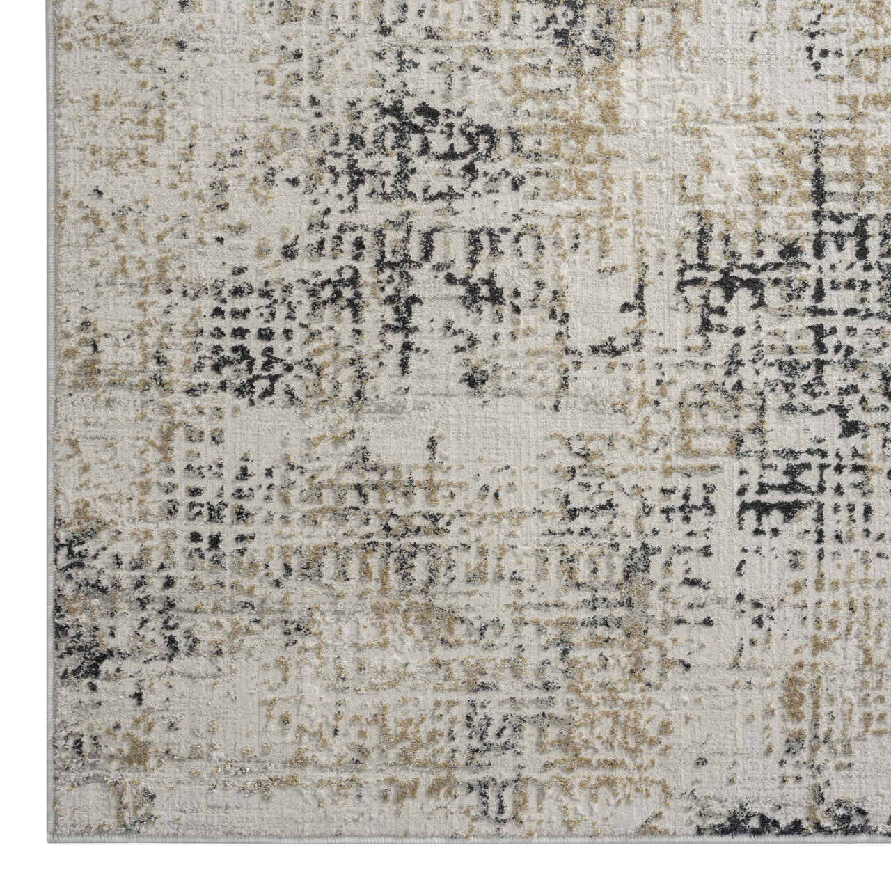 Grey and beige textured runner rug with abstract multi-tone pattern and subtle distressed effect.