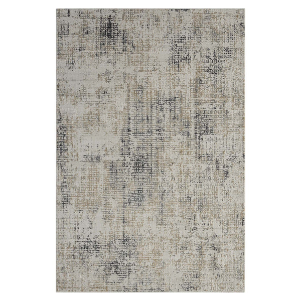 Grey multi-color textured modern rug with abstract distressed pattern and neutral tones.