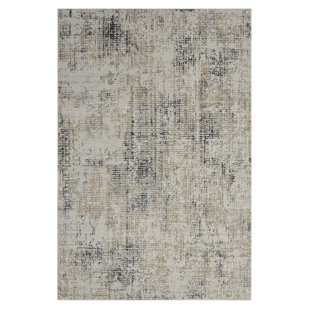 Grey multi-color textured modern rug with abstract distressed pattern and neutral tones.