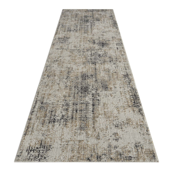 Grey and beige multi-textured modern runner rug with abstract distressed pattern.