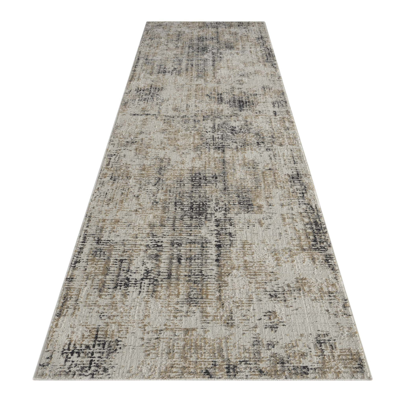 Grey and beige multi-textured modern runner rug with abstract distressed pattern.