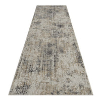Grey and beige multi-textured modern runner rug with abstract distressed pattern.