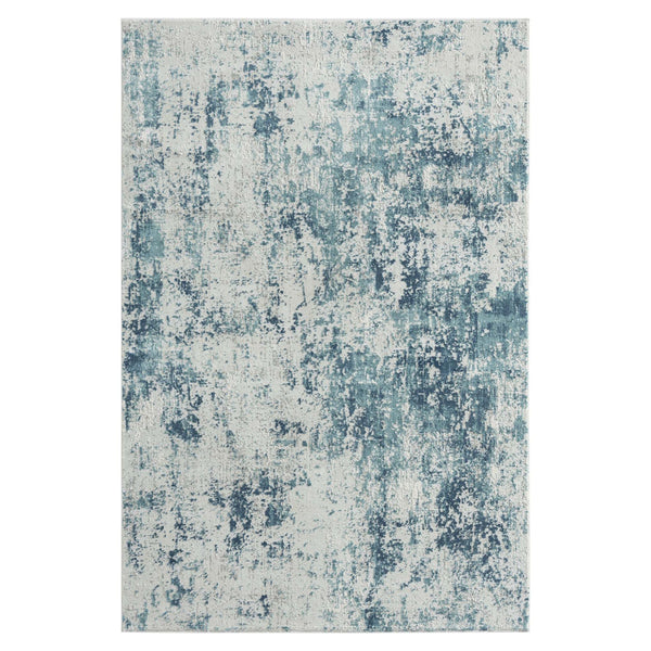 Blue and beige abstract textured modern rug with a distressed, multi-tonal pattern.