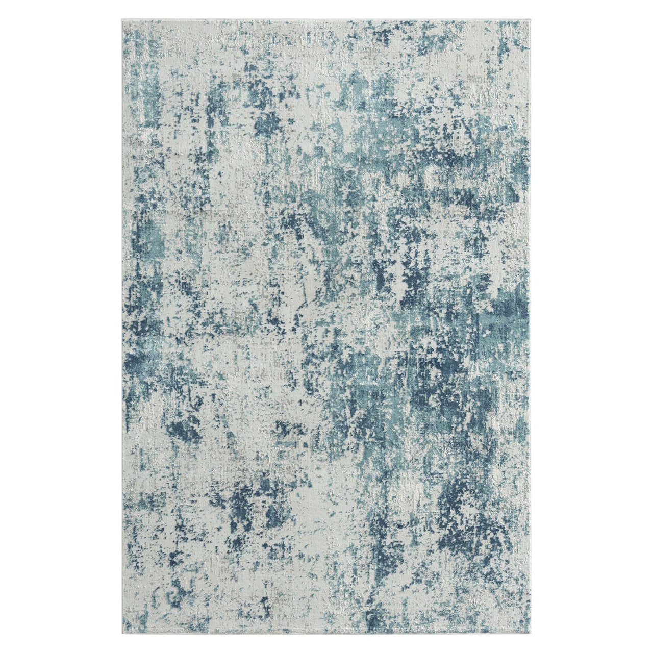 Blue and beige abstract textured modern rug with a distressed, multi-tonal pattern.