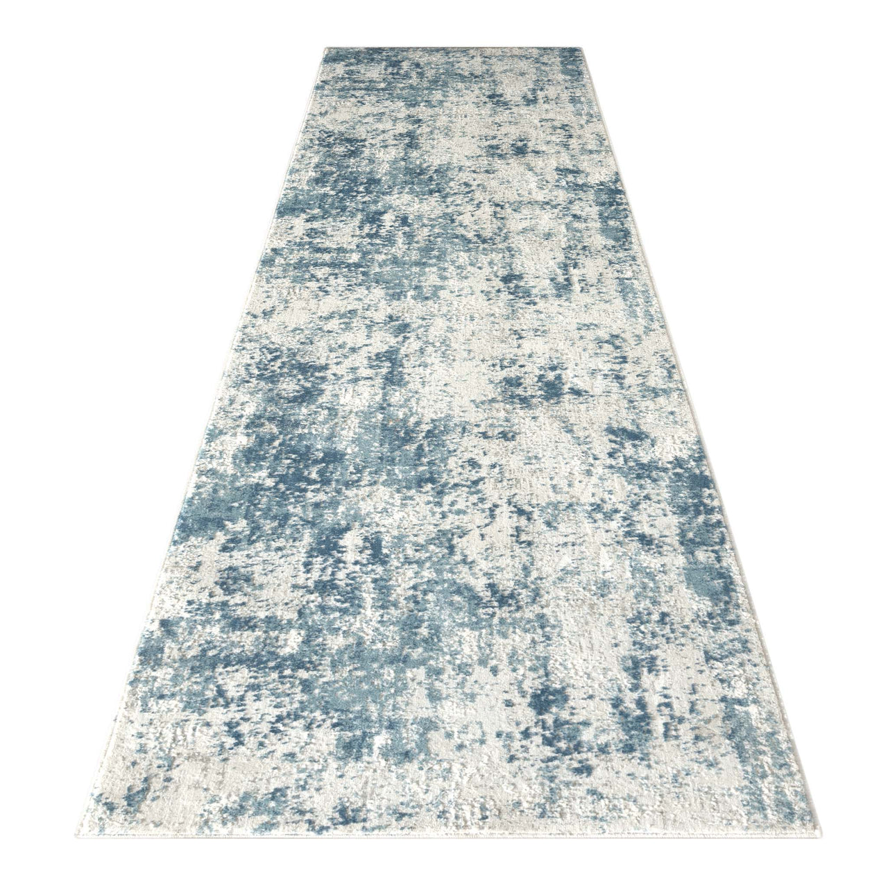 Blue and beige abstract textured modern runner rug with a distressed pattern.