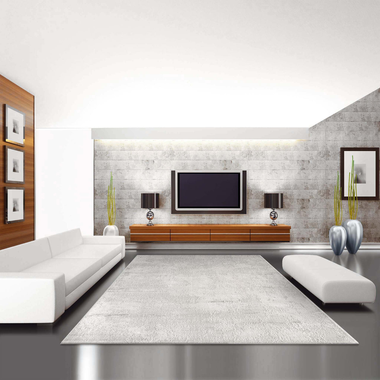 Light grey textured modern rug with subtle pattern in a spacious contemporary living room.