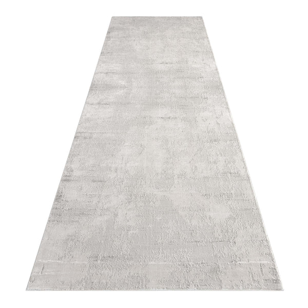 Light grey modern runner rug with subtle multi-textured pattern and soft pile.