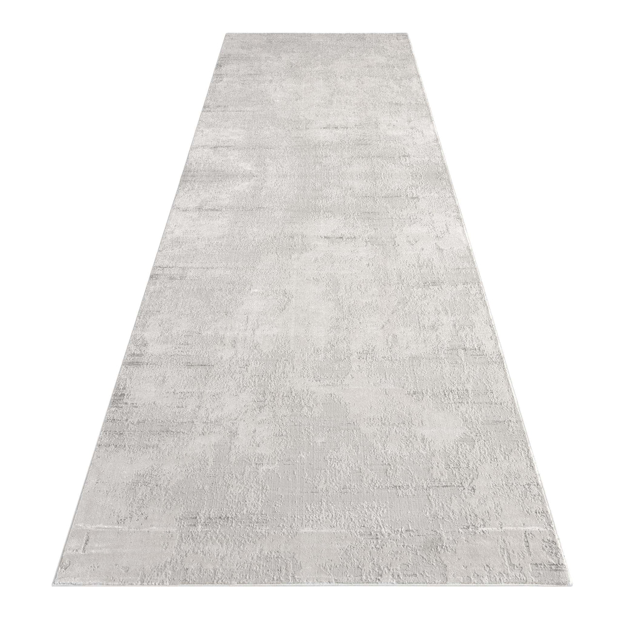 Light grey modern runner rug with subtle multi-textured pattern and soft pile.
