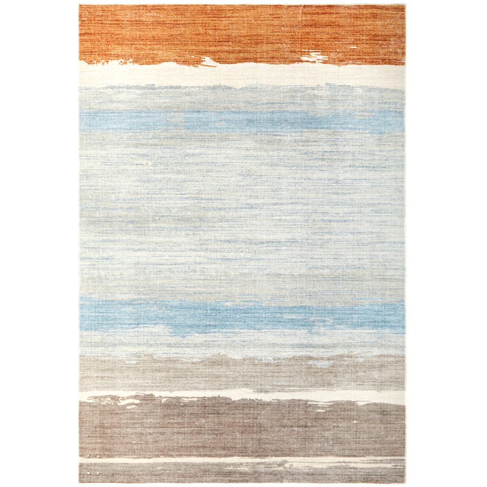 Modern area rug with horizontal stripes in rust orange, light blue, and beige on a textured cream background.