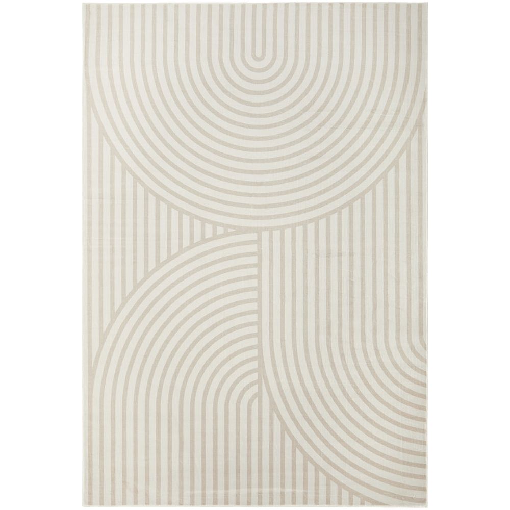 Beige rug with natural arches geometric pattern in textured design, modern style, polyester material.