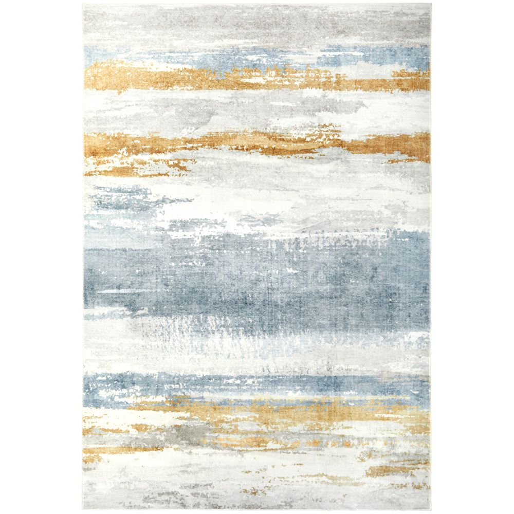 Blue, gold, and gray abstract modern rug with textured horizontal brushstroke pattern.