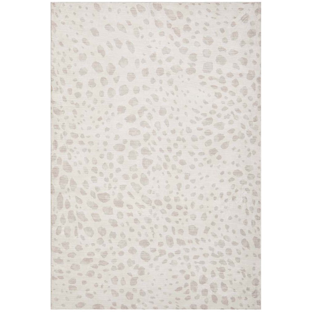 Neutral-toned modern rug with subtle beige abstract spots on off-white background, polyester texture.