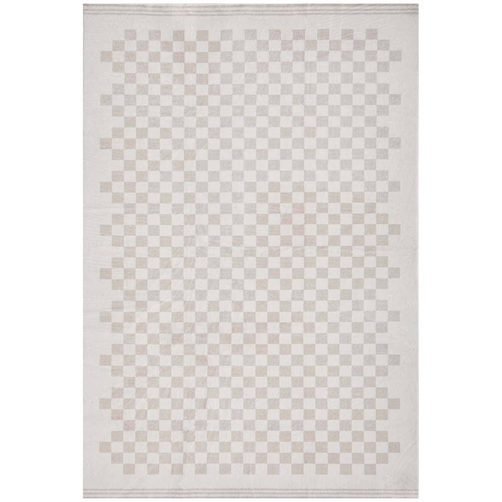 Neutral beige and cream checkerboard patterned modern rug with subtle abstract design.
