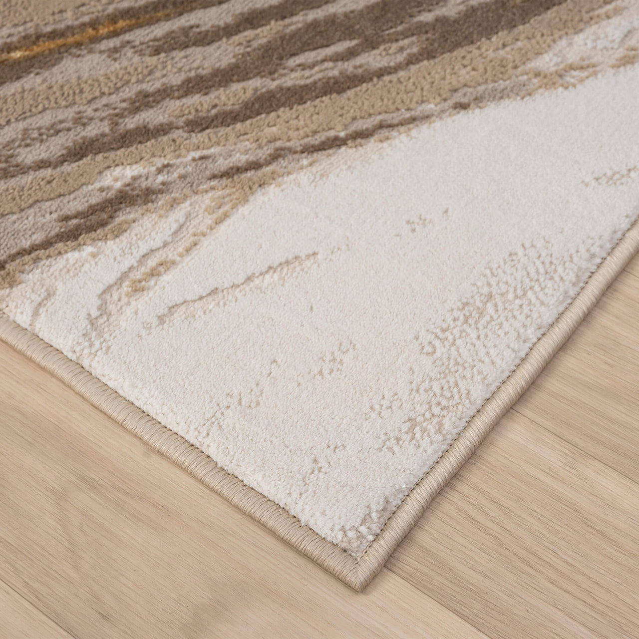 Beige and brown abstract patterned modern runner rug with wavy design and soft texture.