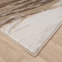 Beige and brown abstract patterned modern runner rug with wavy design and soft texture.