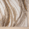 Beige and brown runner rug with abstract wavy pattern in multiple shades and gold accents.