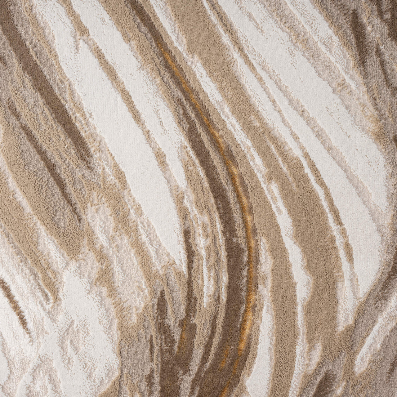 Beige and brown abstract wavy pattern runner rug with multi-tone stripes on flat weave polyester surface.