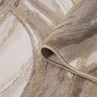 Beige and brown modern runner rug with wavy abstract pattern in polyester and polypropylene fibers.