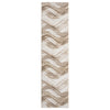 Beige and brown modern runner rug with wavy abstract pattern and textured polyester weave.
